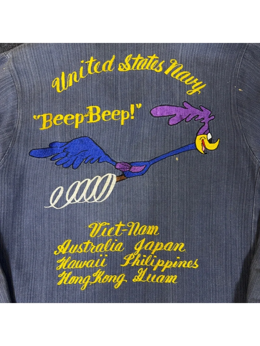 1960s US NAVY Vietnam Road Runner Chain Stitched Denim Jacket Medium